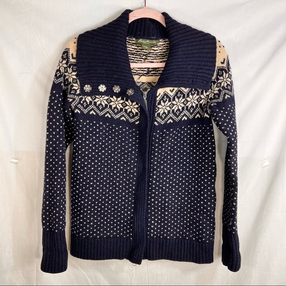 Eddie Bauer Cardigan Sweater Womens S Full Zip Wool Blend Blue Nordic Heart Knit - Picture 1 of 12
